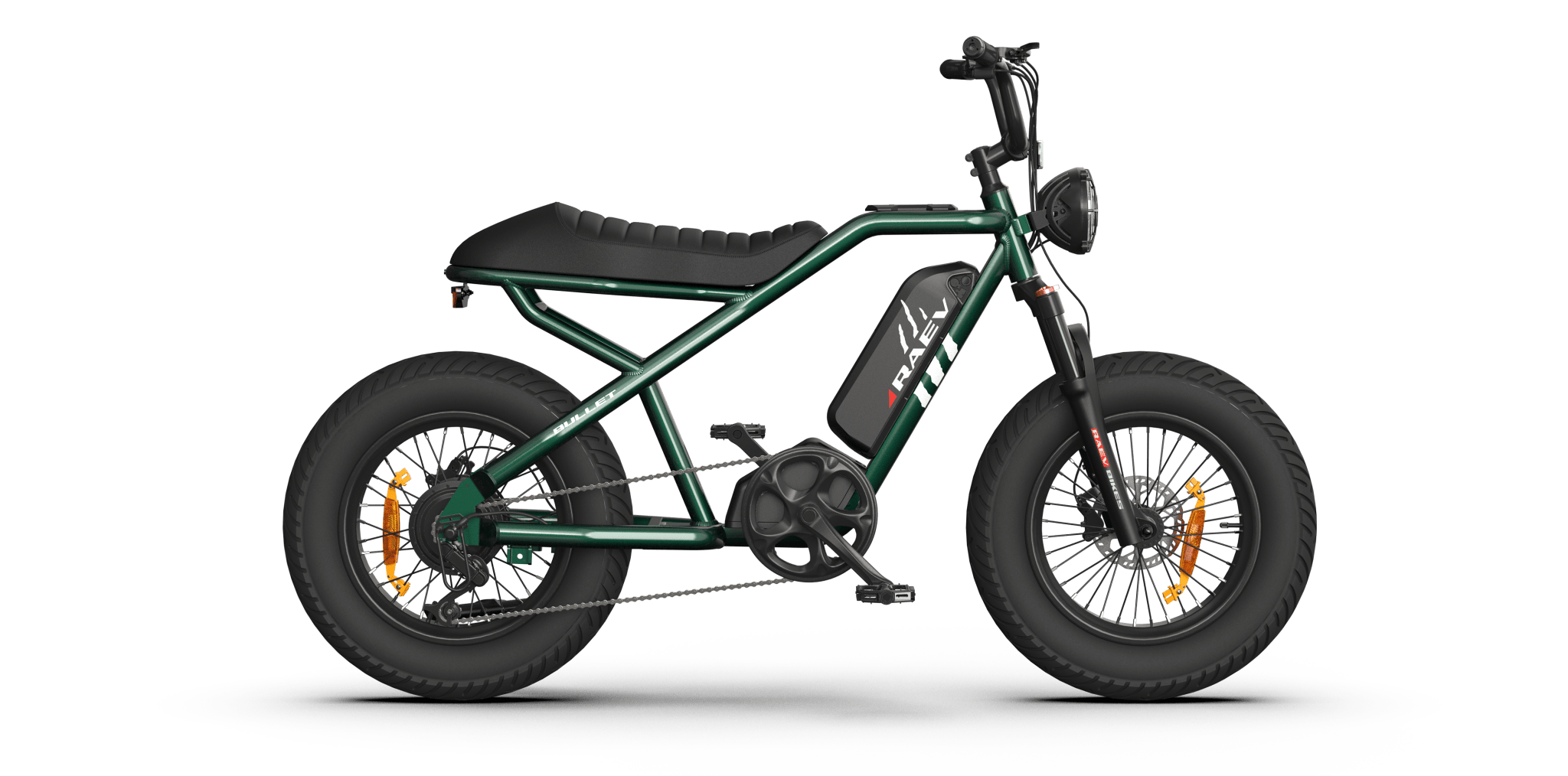 Side view of the eMOTO RAEV Bullet V2 Electric e-Moto Style eBike-Moto, featuring a black frame, thick tires, and a 500W electric motor, photographed against a plain background.