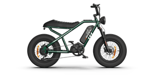 Side view of the eMOTO RAEV Bullet V2 Electric e-Moto Style eBike-Moto, featuring a black frame, thick tires, and a 500W electric motor, photographed against a plain background.
