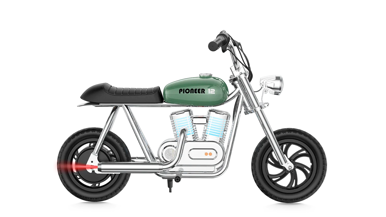 Green eMOTO Hyper Gogo Pioneer 12 Plus electric bike without training wheels, side view, app-compatible model