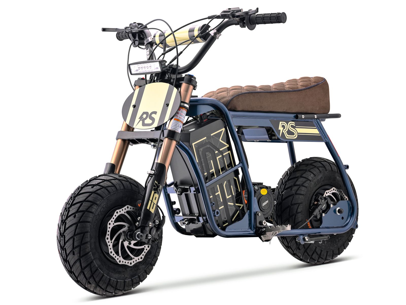 Side view of the eMOTO Stomp Ebox Dragster RS electric dirt bike, showcasing its black and red frame, knobby tires, and sporty design against a plain background.