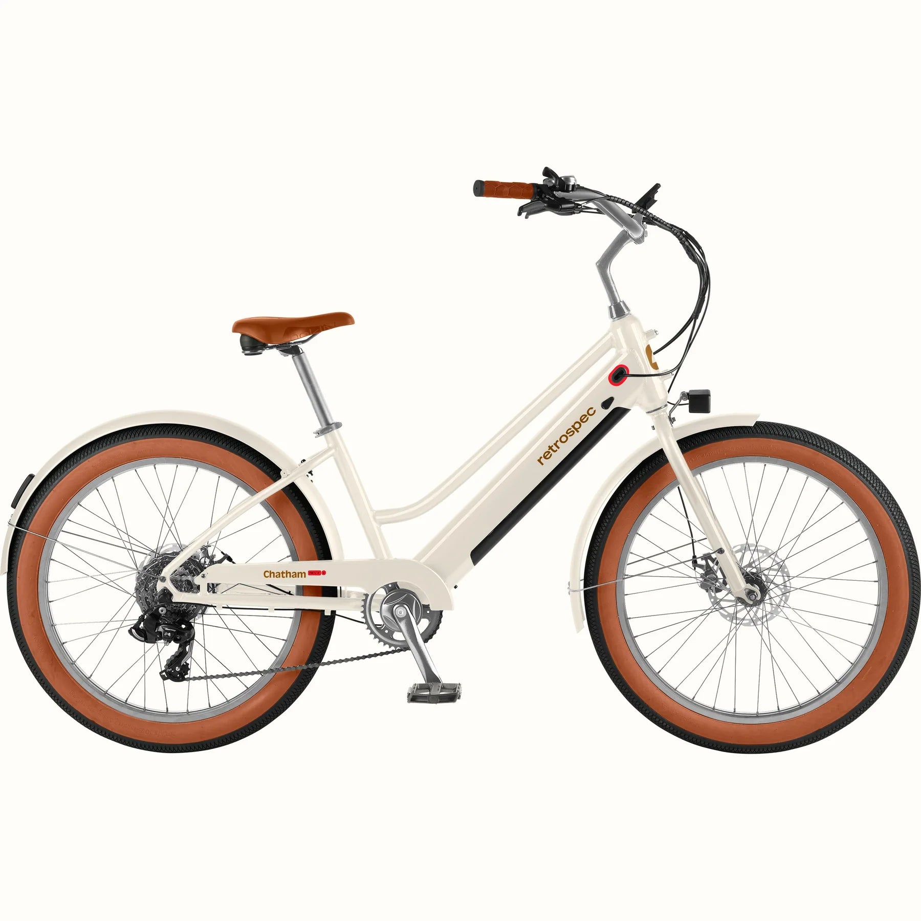 Retrospec Chatham Rev Plus 2 eBike in eggshell color, step-through frame, side view, against a plain background