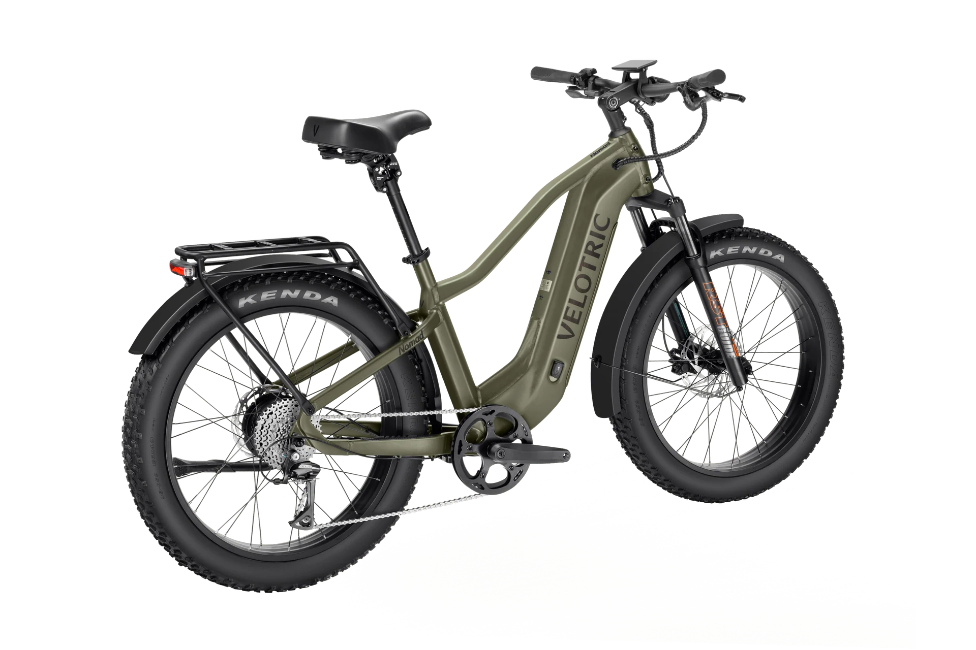 Velotric Nomad 2 eBike in high-step frame, olive green color, side view on white background