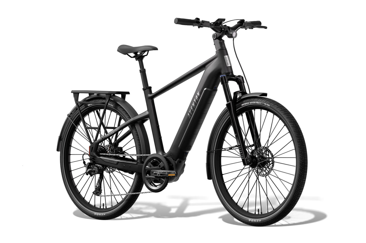 Aventon Level 4 ADV electric bike, step-over frame, matte black color, side view on white background