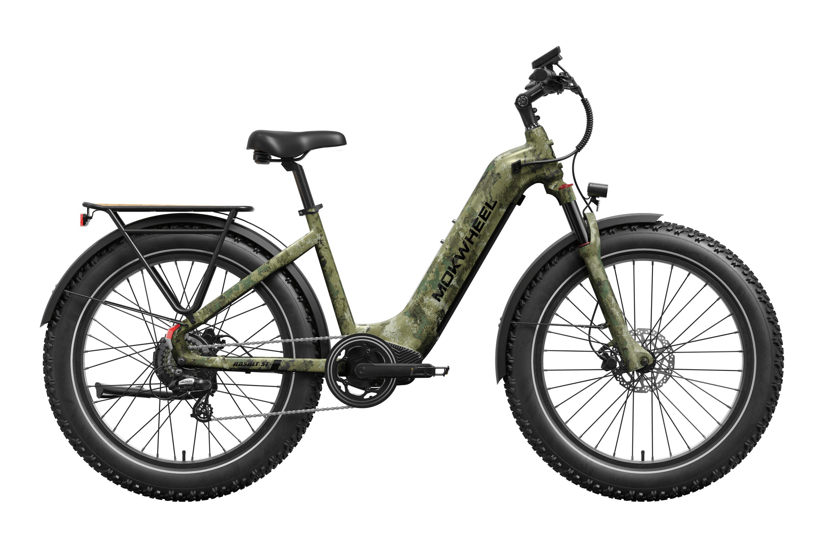 Mokwheel Basalt 2.0 Step Thru eBike in Jungle Camo color, side view, against a white background