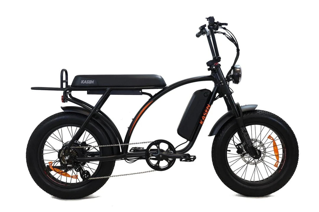 Black Kasen Kabbit Classic eBike side view, showcasing step-through frame, front basket, and rear rack against a white background.