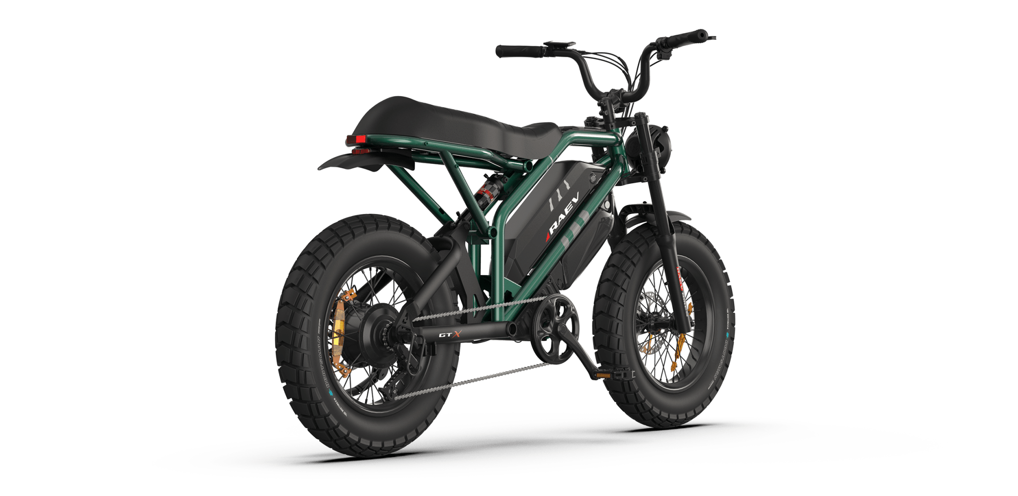 Side view of the eMOTO RAEV Bullet GTX electric bike, showcasing its moto-style design, dual suspension, thick tires, and 1500W motor, photographed against a plain background.