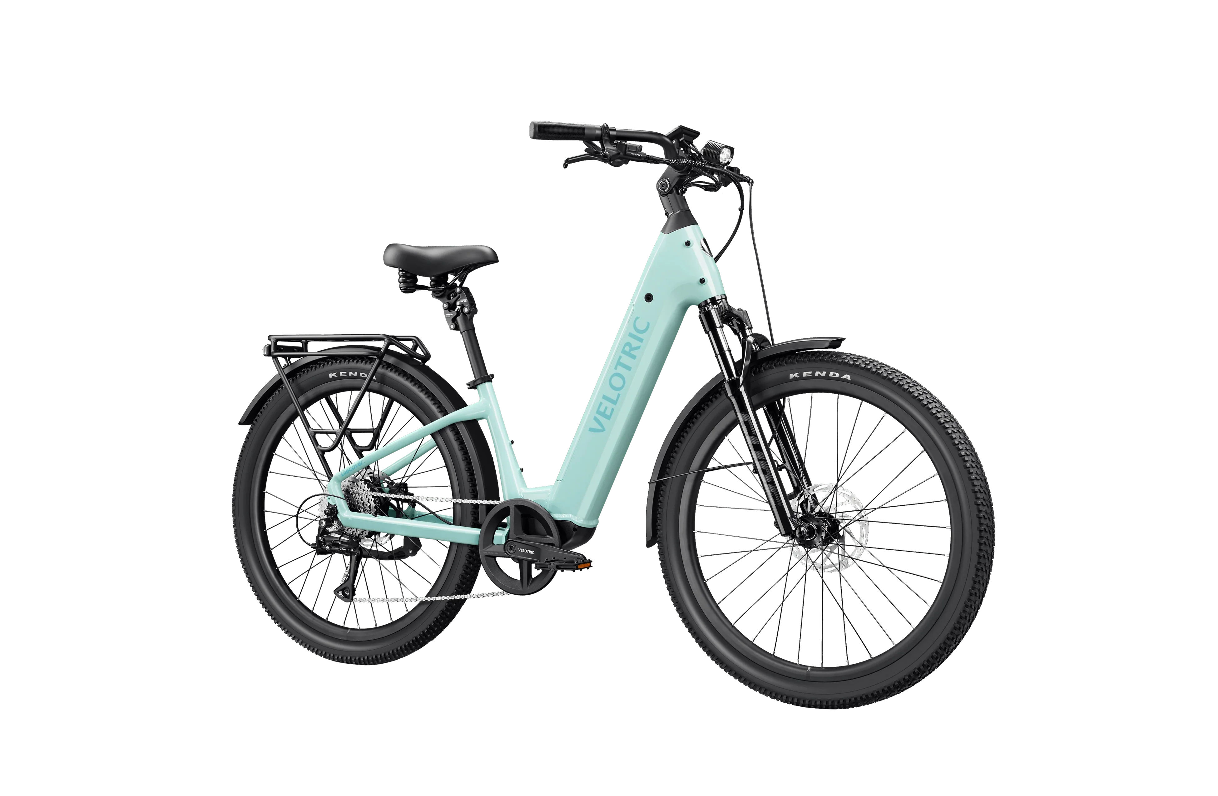 Side view of the Velotric Discover 3 eBike in white, showcasing its step-through frame, rear rack, and integrated battery design.