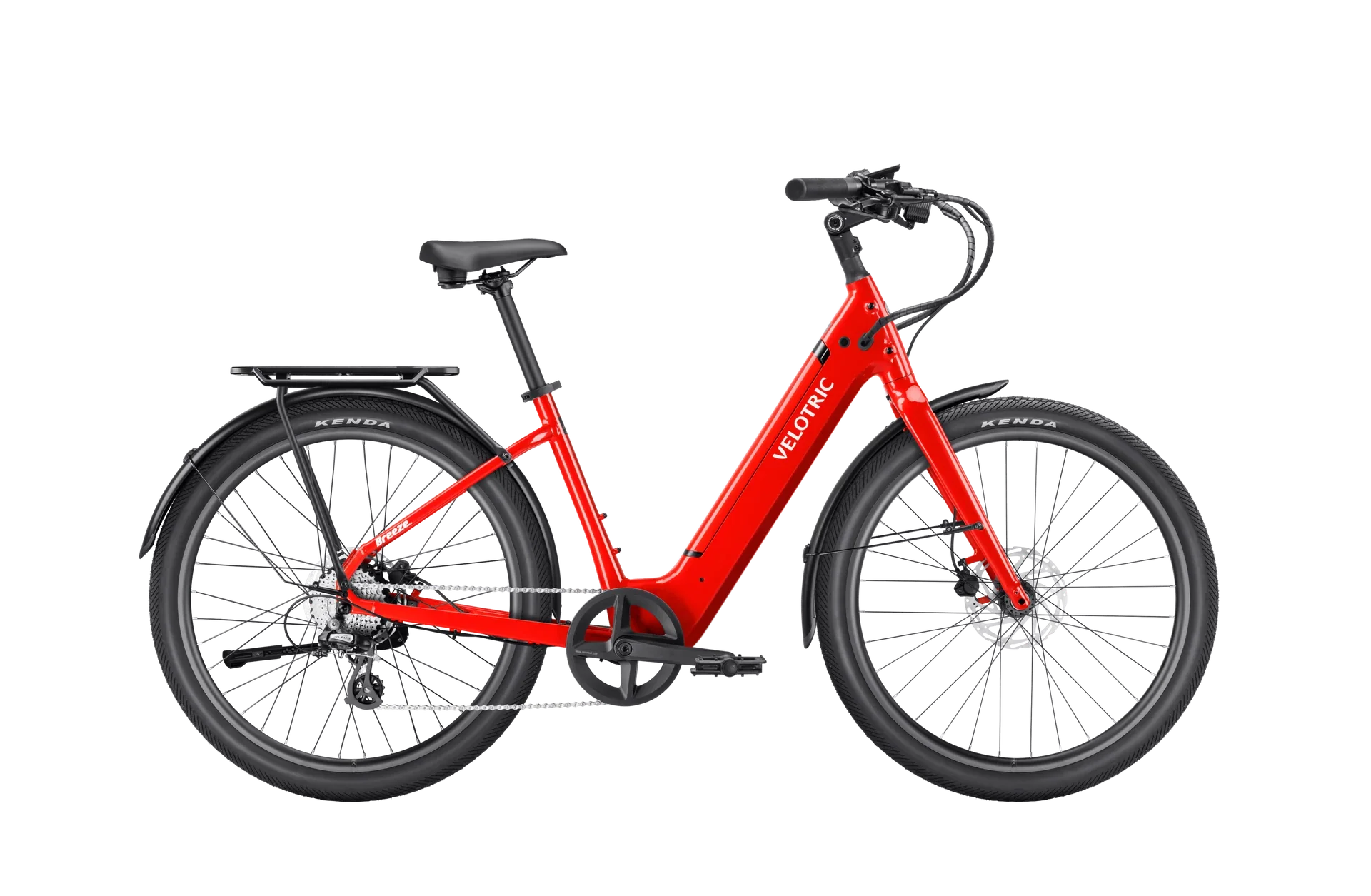 A Velotric Breeze 1 eBike in Classic Scarlet color, regular size, large frame, side view.
