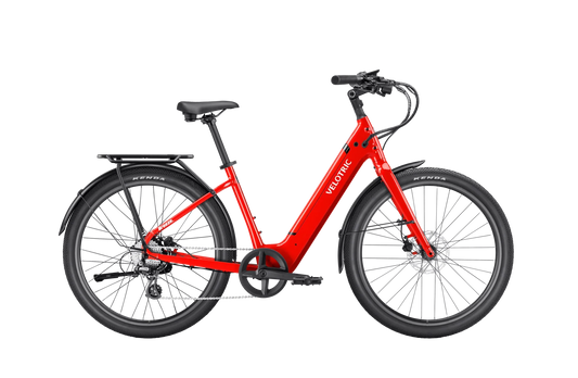 A Velotric Breeze 1 eBike in Classic Scarlet color, regular size, large frame, side view.