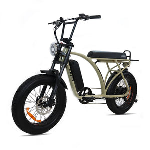 Side view of the Kasen Kabbit Classic eBike in sand color, showcasing its step-through frame, black saddle, rear rack, and wide tires against a plain background.