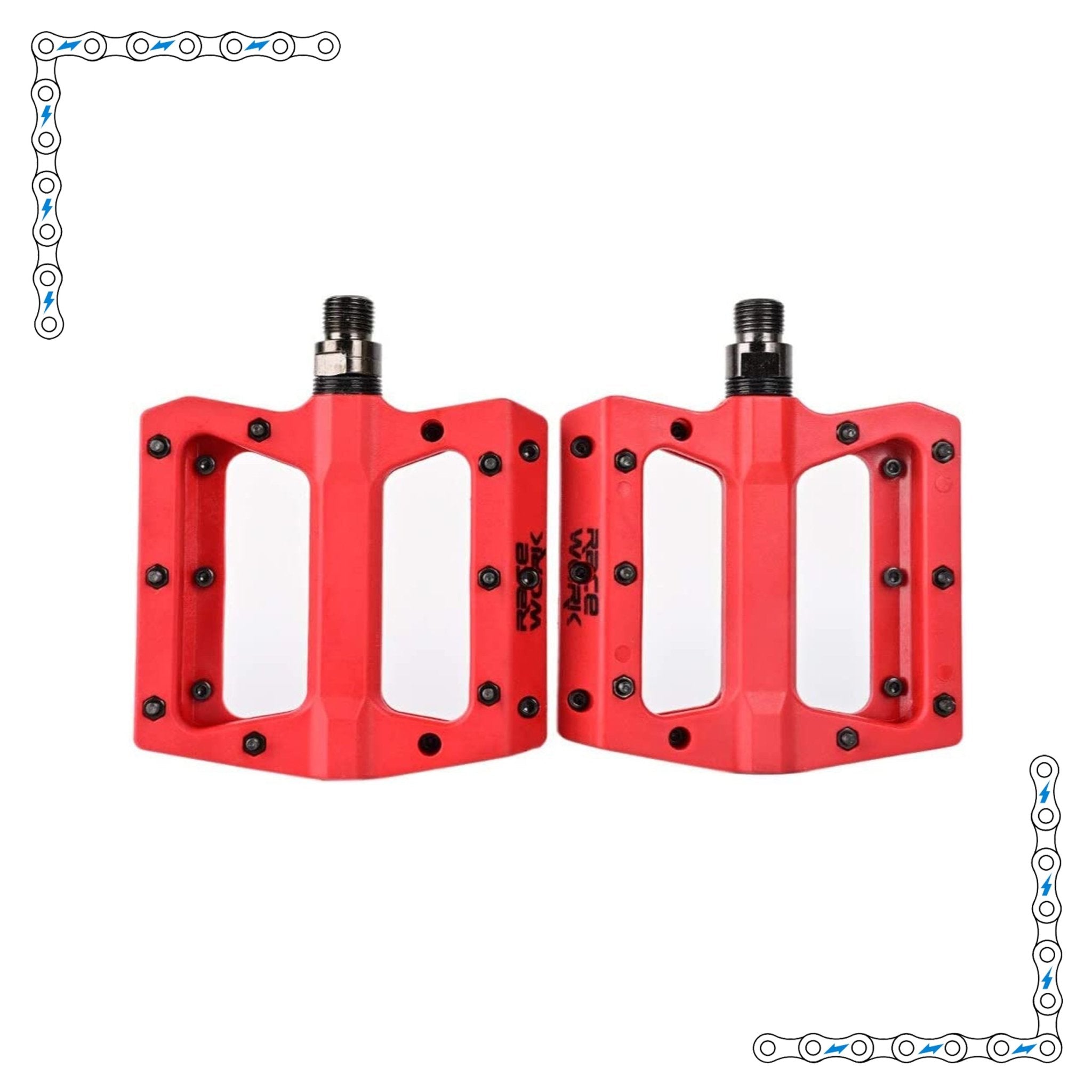 Brightly colored eBike pedals attached to an electric bike, showcasing a vibrant and modern design.