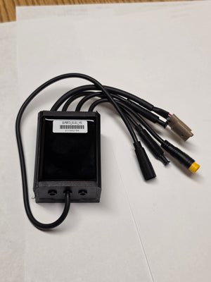 A black Super73 DCDC converter for eBikes, rectangular with labeled input and output terminals, shown on a white background.