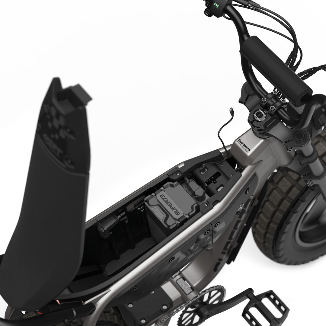 Super73 MZFT eMOTO eBike in Titanium Ore color, shown inside its original packaging box