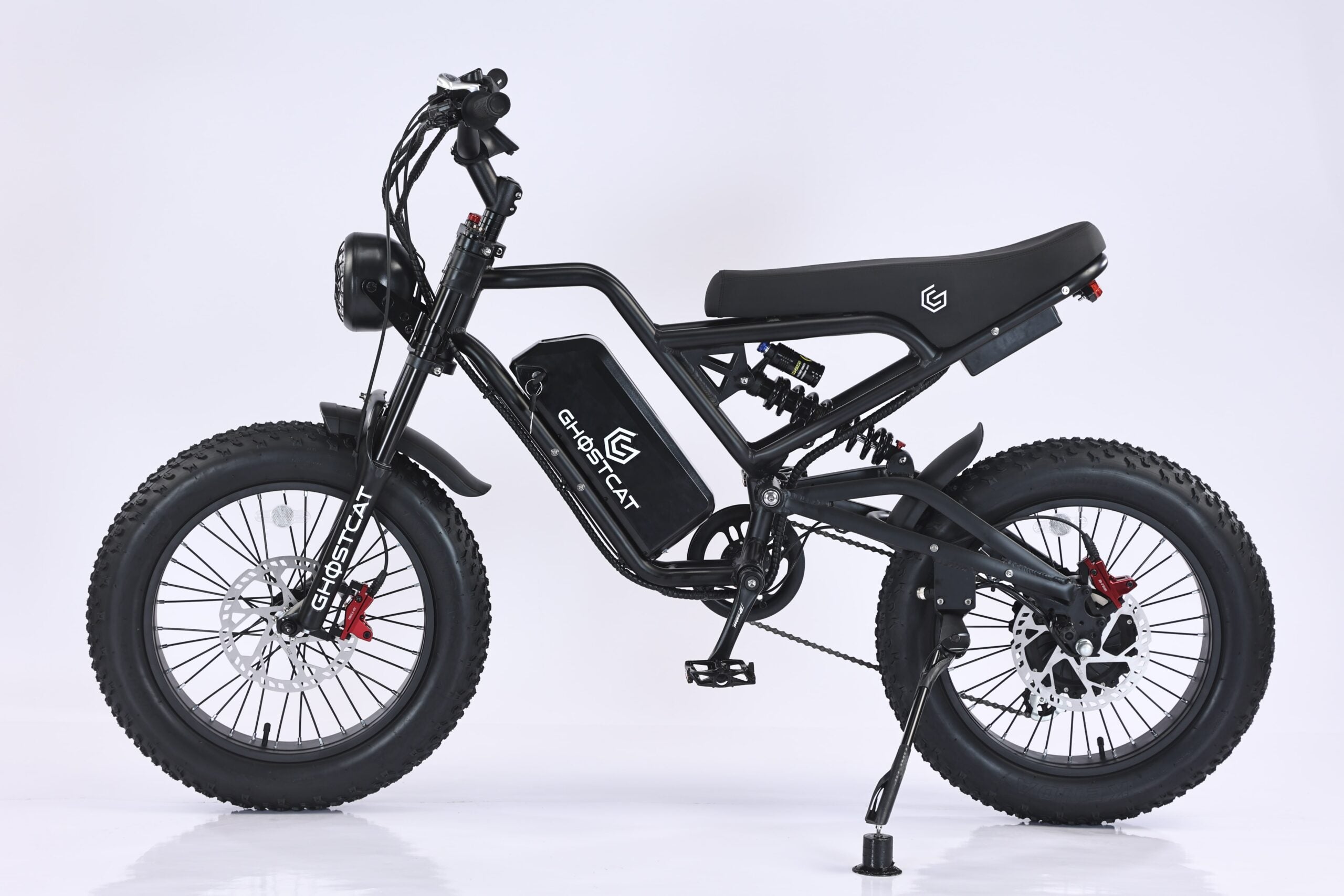 Side view of the eMOTO GHOSTCAT F3.2 electric motorcycle in black, showcasing its 1500W motor, sturdy frame, and modern design features.