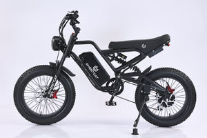 Side view of the eMOTO GHOSTCAT F3.2 electric motorcycle in black, showcasing its 1500W motor, sturdy frame, and modern design features.