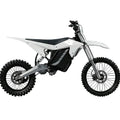 eMOTO Electro & Co ETM RTR Alpha electric motorcycle, side view, black and blue color, displayed in showroom setting