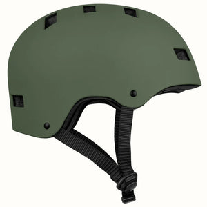 Matte forest green Retrospec Dakota eBike helmet shown from the side, featuring multiple air vents and adjustable straps.