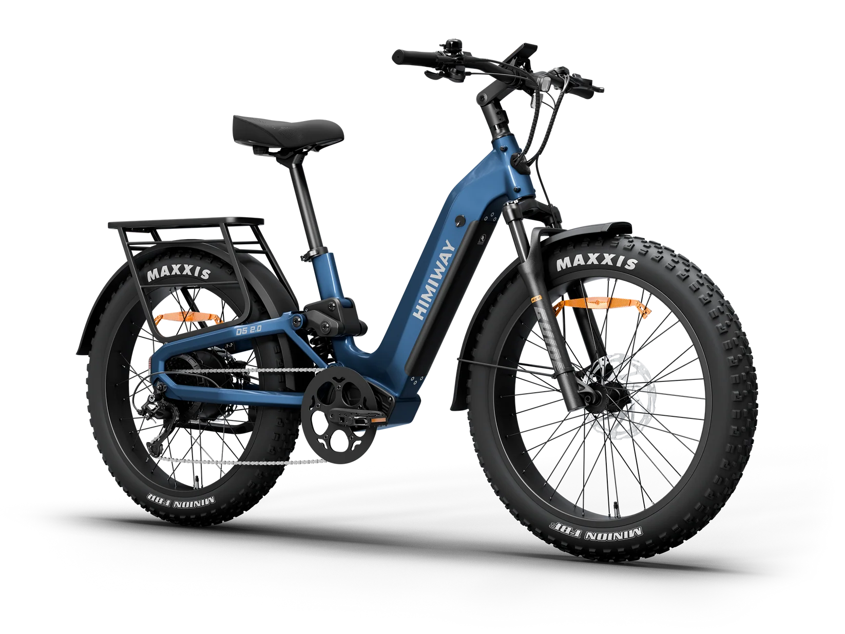 Midnight blue Himiway D5 2.0 ST electric bike side view, showcasing step-through frame, wide tires, and rear rack.
