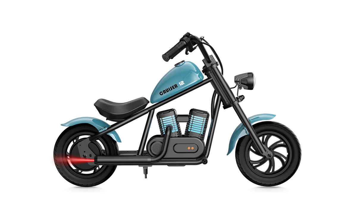 Blue eMOTO Hyper Gogo Cruiser 12 Plus electric bike shown with and without training wheels.