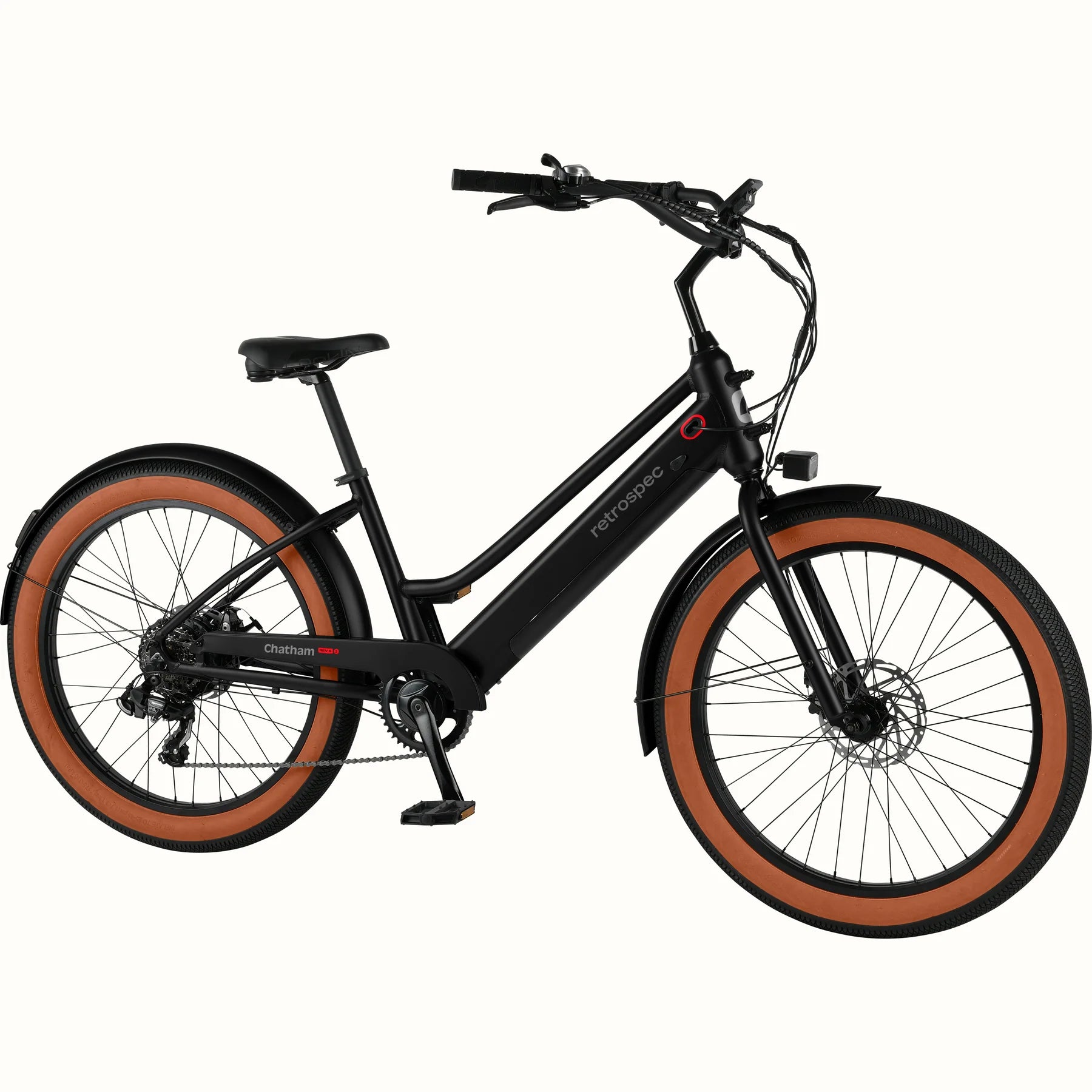 Matte black Retrospec Chatham Rev Plus 2 step-through electric bike, side view, against a plain background