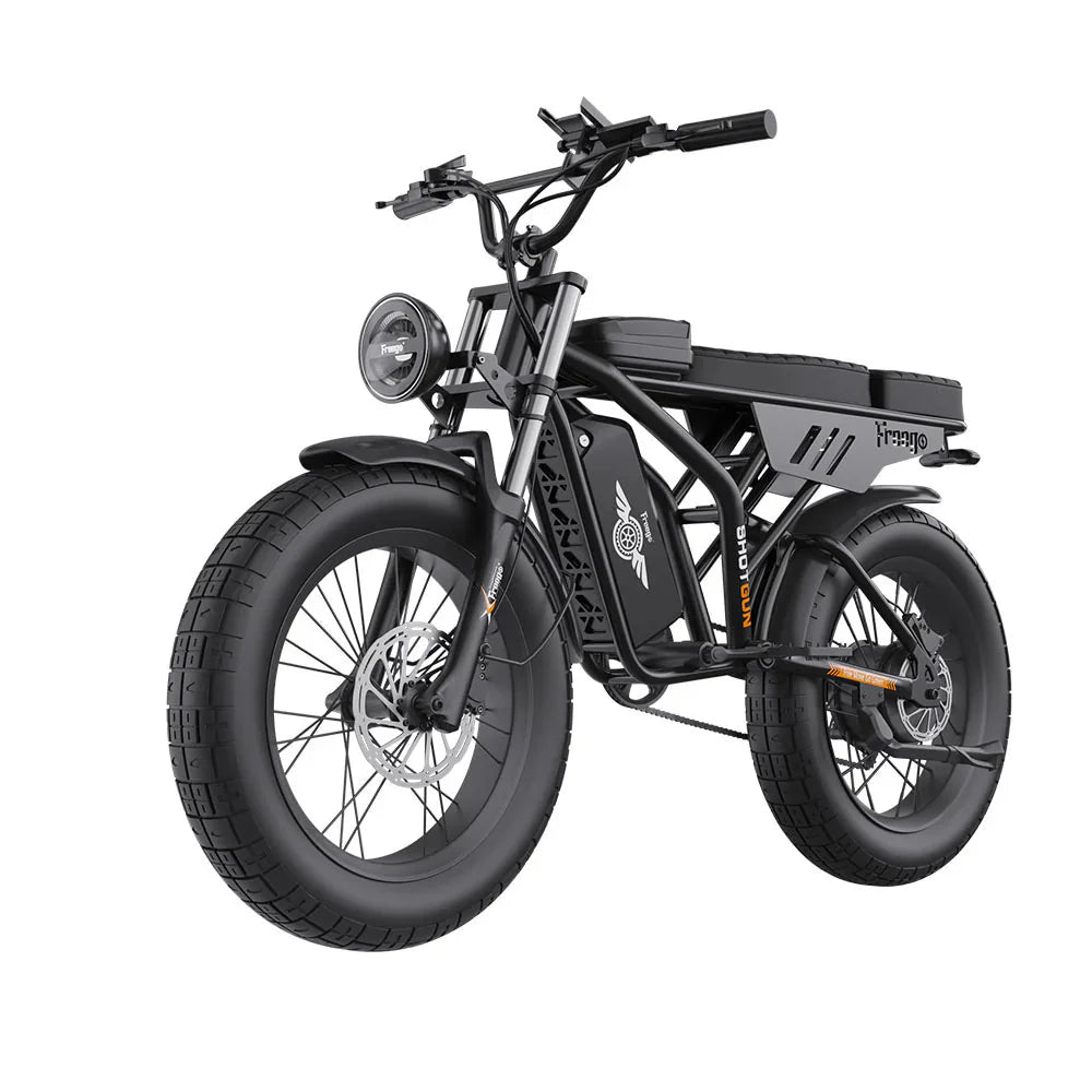 A black eMOTO FREEGO Shotgun Prime F2 Pro-Moto electric cargo eBike with a 1000W motor, shown from the side, featuring a sturdy frame, large tires, and rear cargo rack.