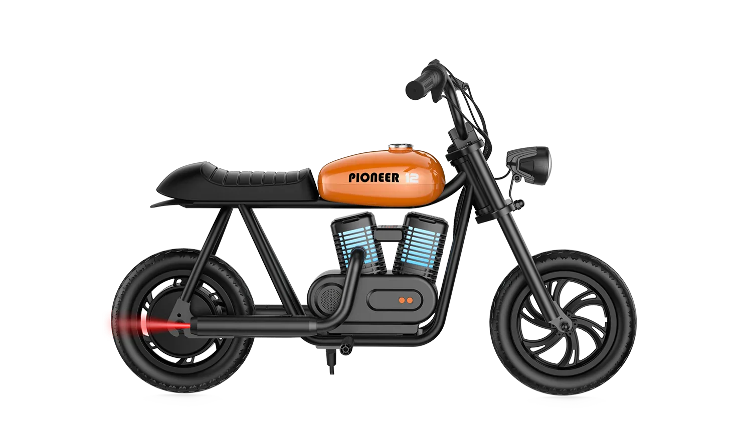Orange eMOTO Hyper Gogo Pioneer 12 Plus electric bike without training wheels, side view