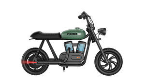 Green eMOTO Hyper Gogo Pioneer 12 Plus electric bike without training wheels, side view on a white background