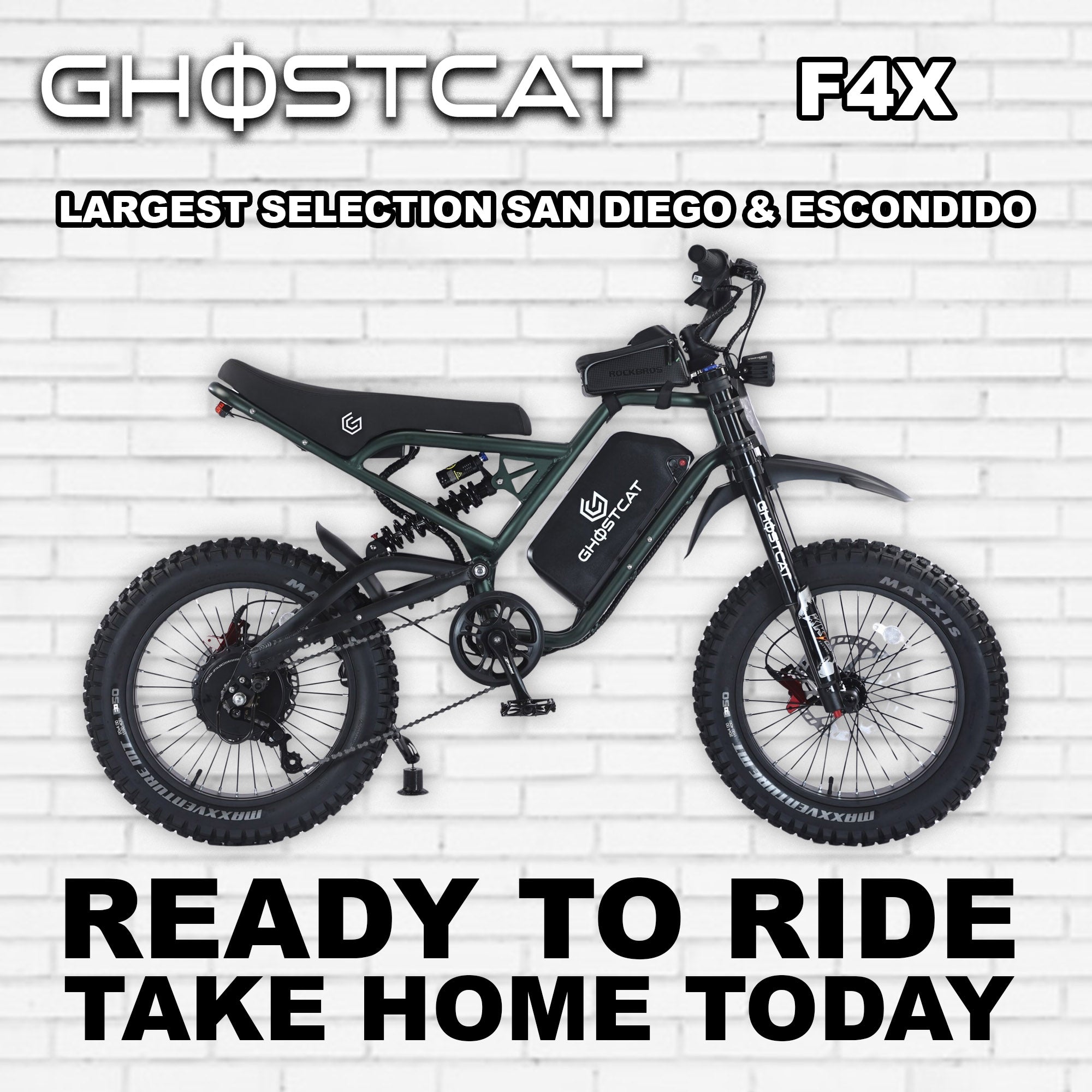 Army green eBike Ghostcat F4X, side view, rugged design, thick tires, outdoor background
