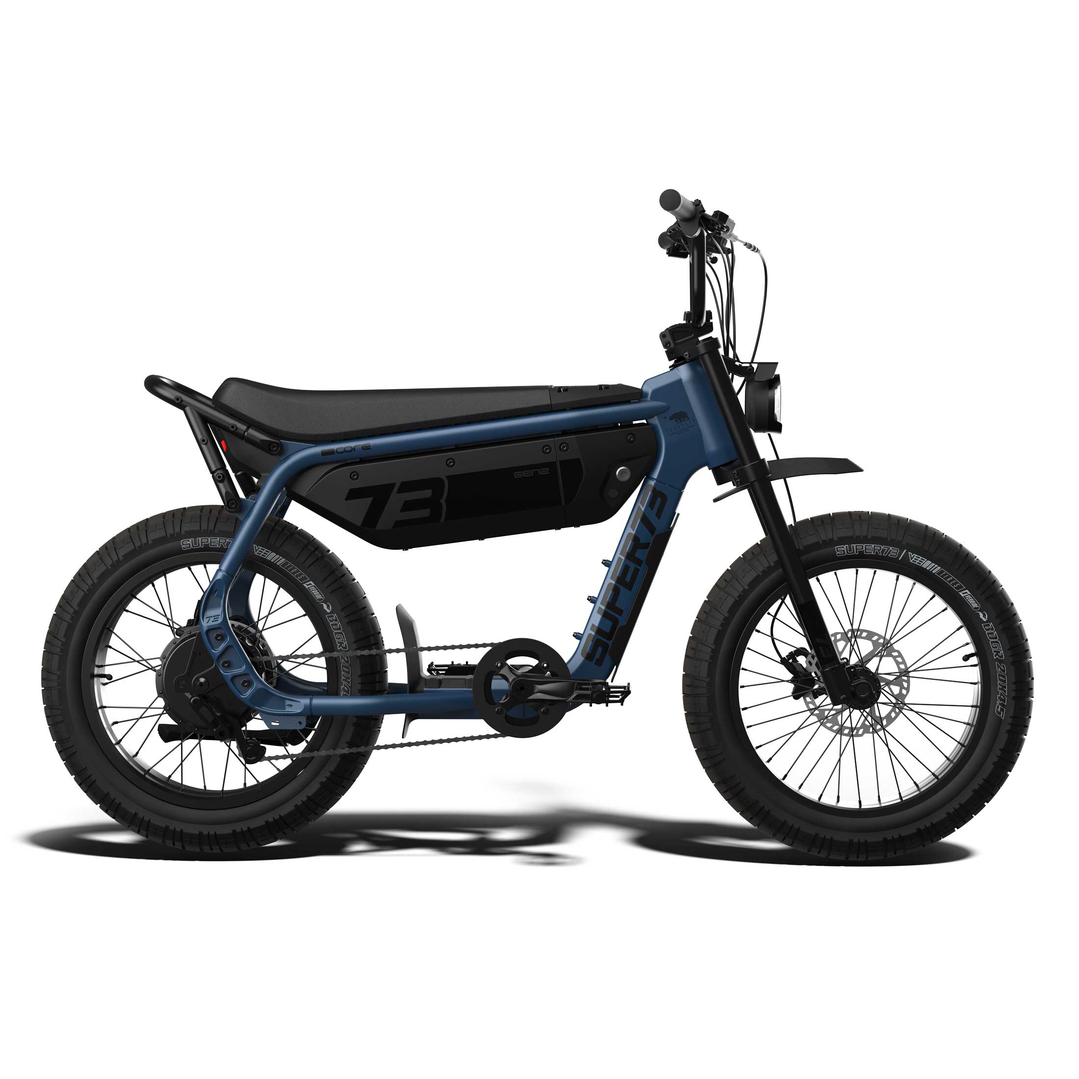 Side view of the eMOTO eBike Super73 M1D in a showroom, highlighting its sleek frame, thick tires, and modern design.