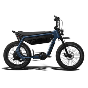 Side view of the eMOTO eBike Super73 M1D in a showroom, highlighting its sleek frame, thick tires, and modern design.