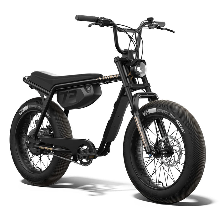 Super73 Z Miami SE eMOTO eBike in store, side view, black frame, thick tires, displayed for pickup