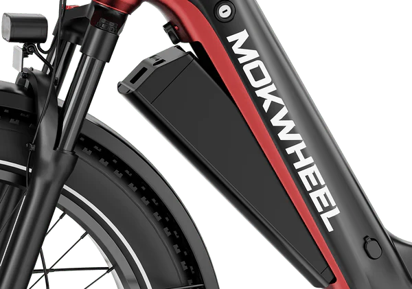 Black and red Mokwheel Obsidian ST eBike with 18-inch frame, side view, showcasing sleek design and bold color accents.