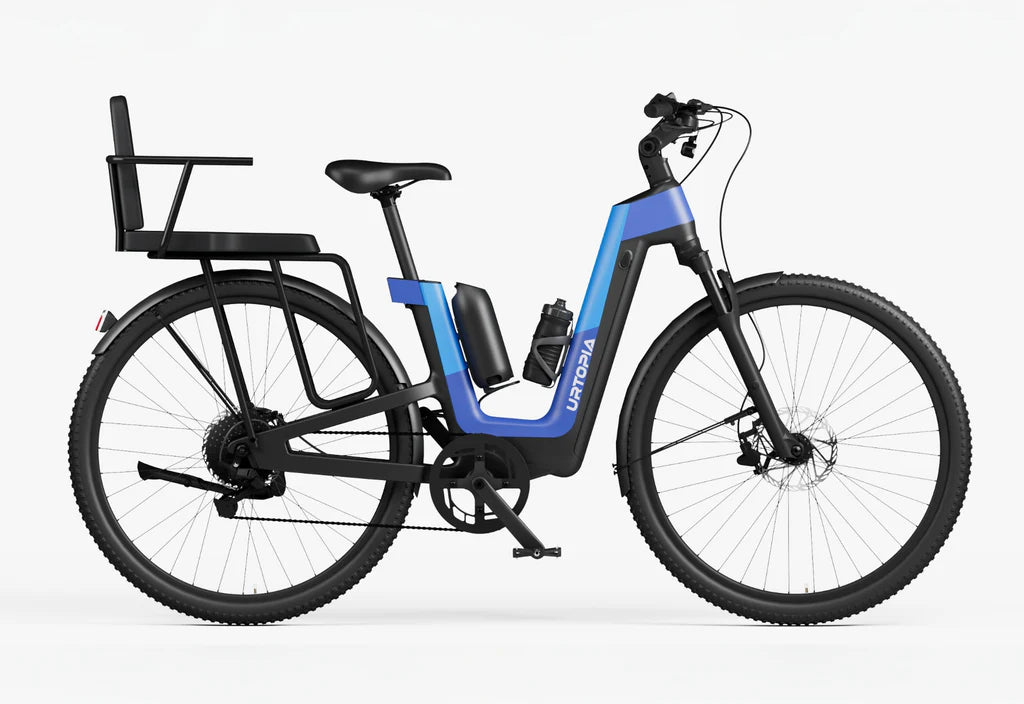 Side view of the Urtopia Carbon Fusion Pro eBike in Deep Sea Blue, showcasing its sleek carbon frame, integrated battery, and modern design against a plain background.