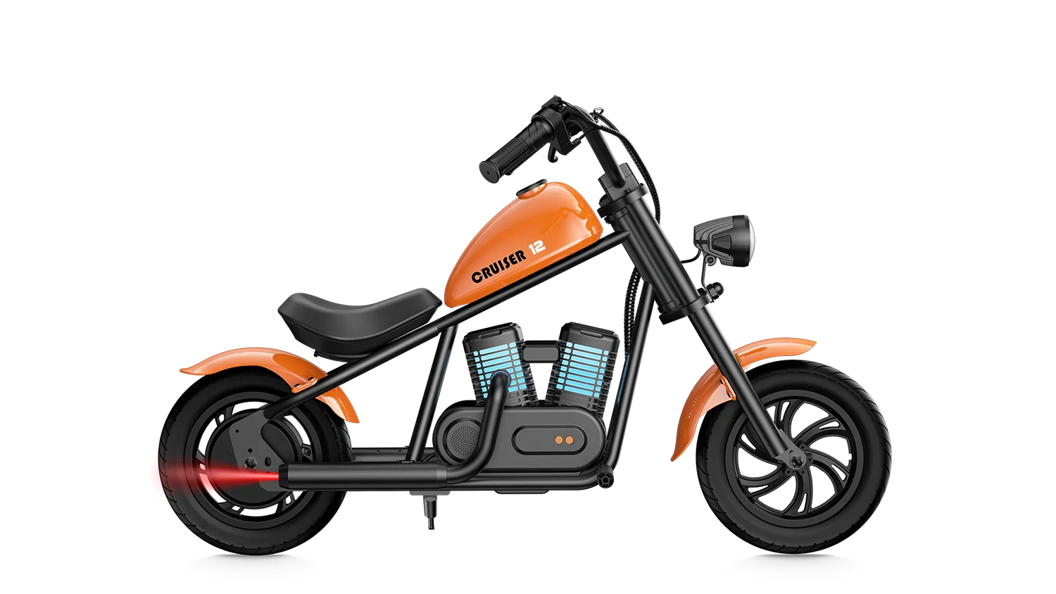 Orange eMOTO Hyper Gogo Cruiser 12 Plus electric bike, side view, showing sturdy frame, thick tires, and modern design features.