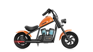 Orange eMOTO Hyper Gogo Cruiser 12 Plus electric bike, side view, showing sturdy frame, thick tires, and modern design features.