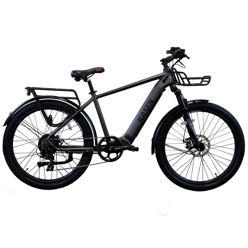 Space gray KASEN Cross 500W Step Over urban electric bike with 27.5x2.4 tires, side view
