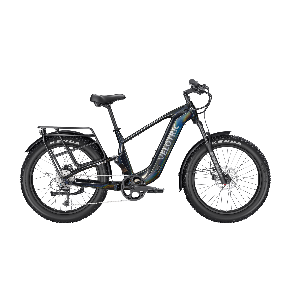 Obsidian black Velotric Nomad 2X High Step eBike, side view, against a plain background