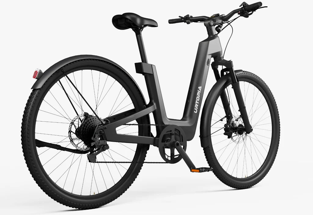 Side view of the Urtopia Carbon Fusion Pro eBike in Blazing Black, showcasing its sleek carbon frame, integrated battery, and modern design against a plain background.