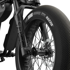Side view of the Super73 ZX SE eBike in Blackout color, showcasing its sleek black frame, thick tires, and minimalist design against a plain background.