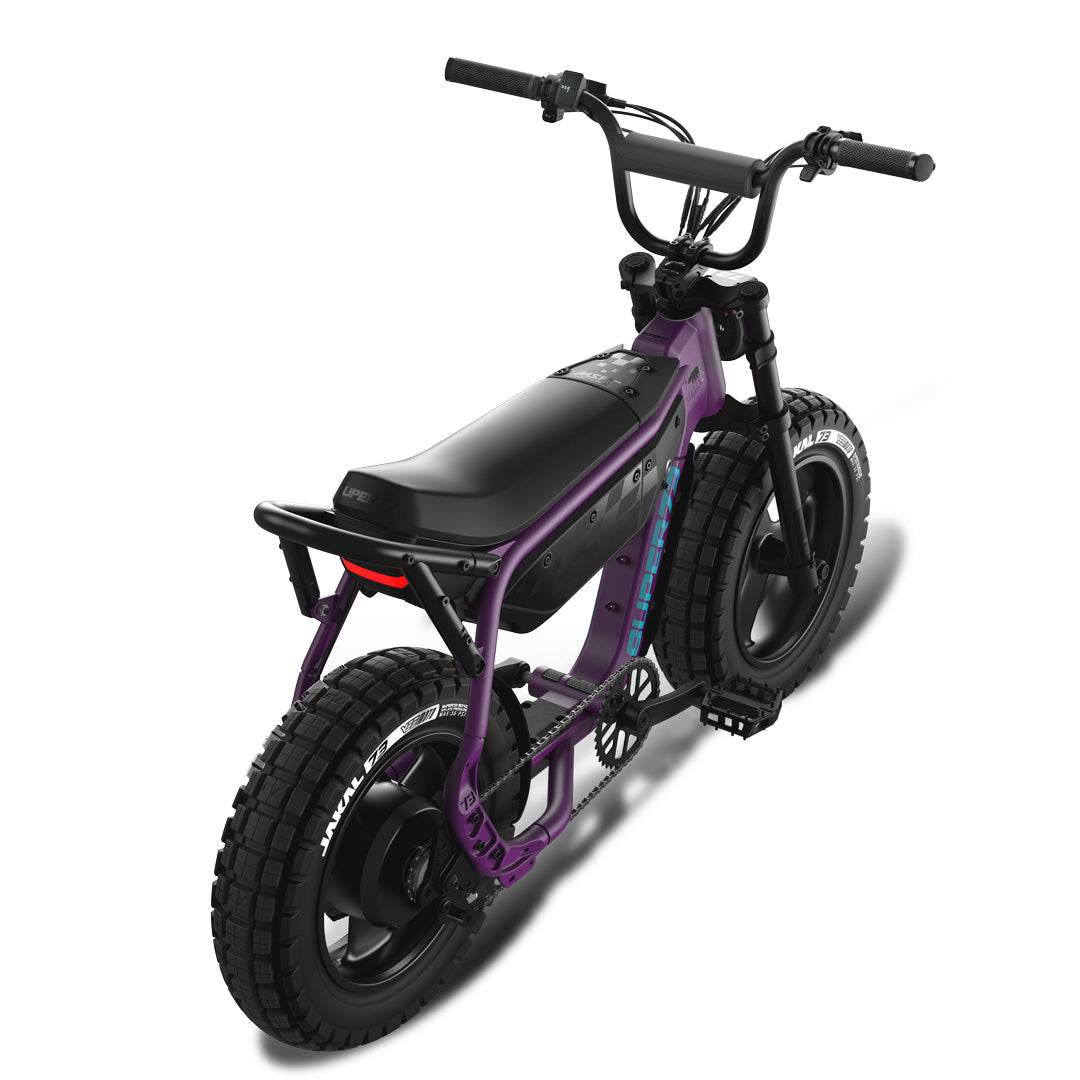 Super73 MZFT eMOTO eBike in Cullenberry color, shown in its original packaging inside the box.