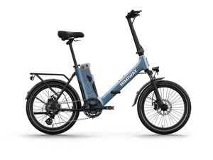 A blue Himiway B3 Indigo electric bike with a step-through frame, front basket, and rear rack, displayed on a white background.