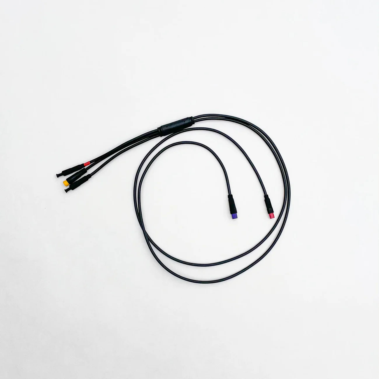 Product image of an eBike wiring harness compatible with Super73 R, RX, S2, and Adventure models, featuring multiple connectors and attached lighting components.