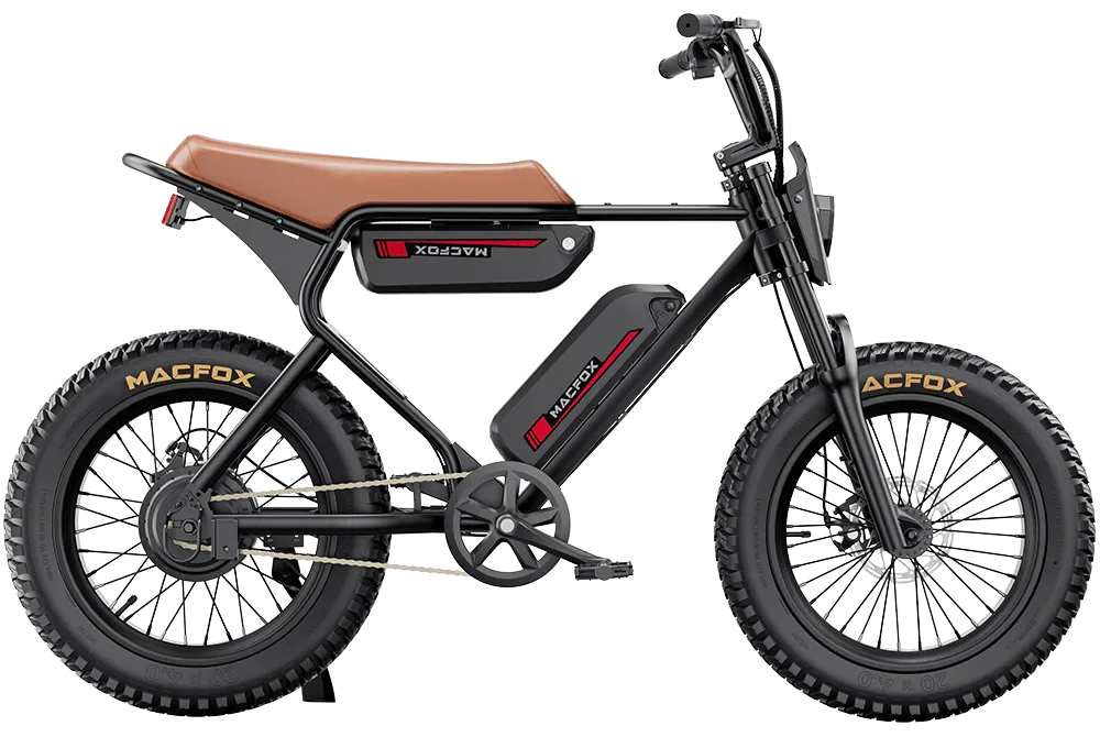 Alt text: eMOTO MACFOX X1S Commuter Electric e-Moto Style eBike, step-over frame, 500W motor, mini fat tires, black color, side view