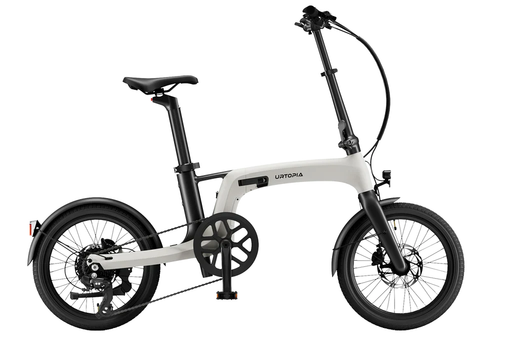 A cream-colored Urtopia Carbon Fold 2 eBike shown folded, highlighting its lightweight carbon frame and compact design.
