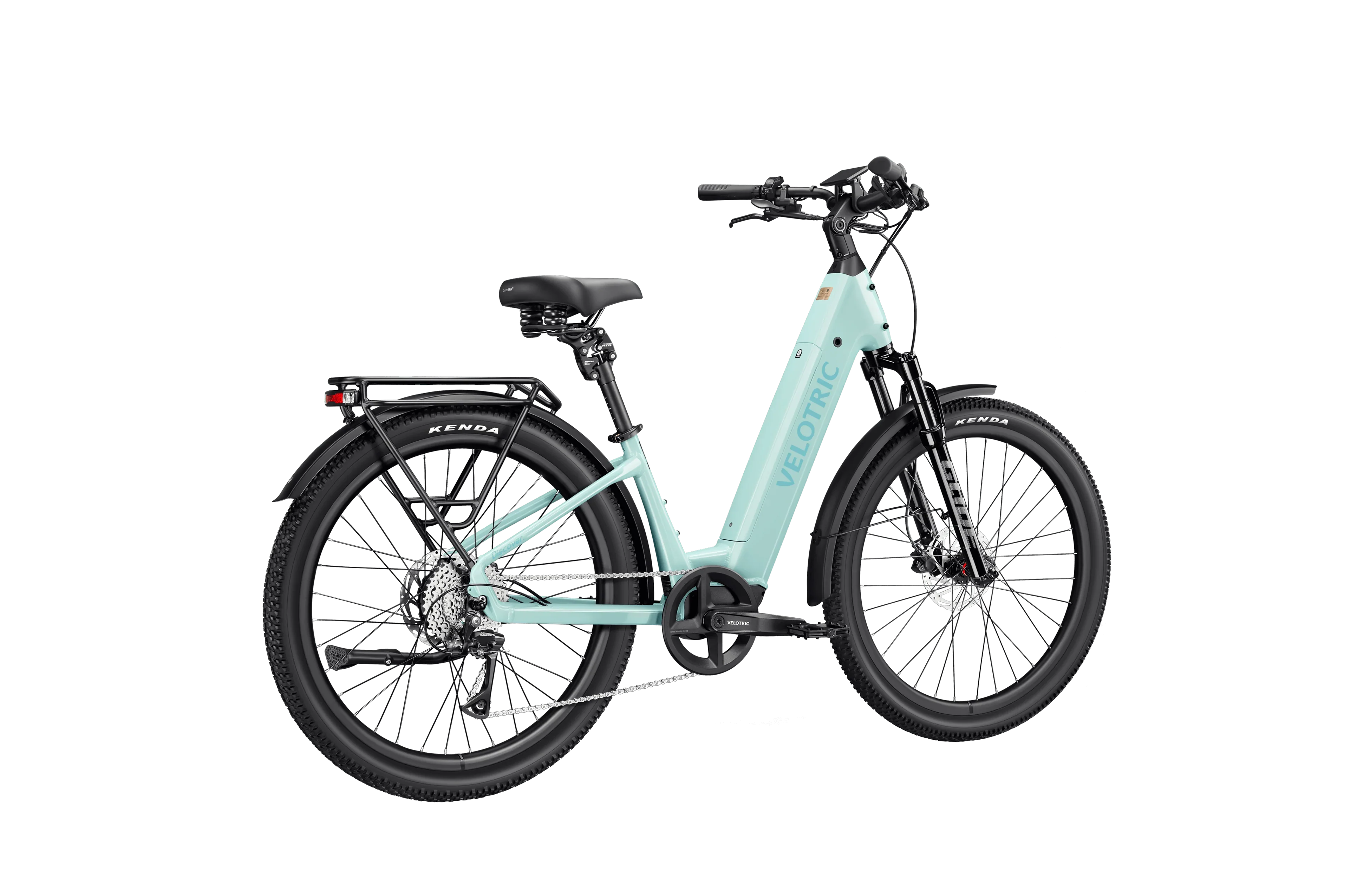 Side view of the Velotric Discover 3 eBike in white, showcasing its step-through frame, rear rack, and integrated battery against a plain background.