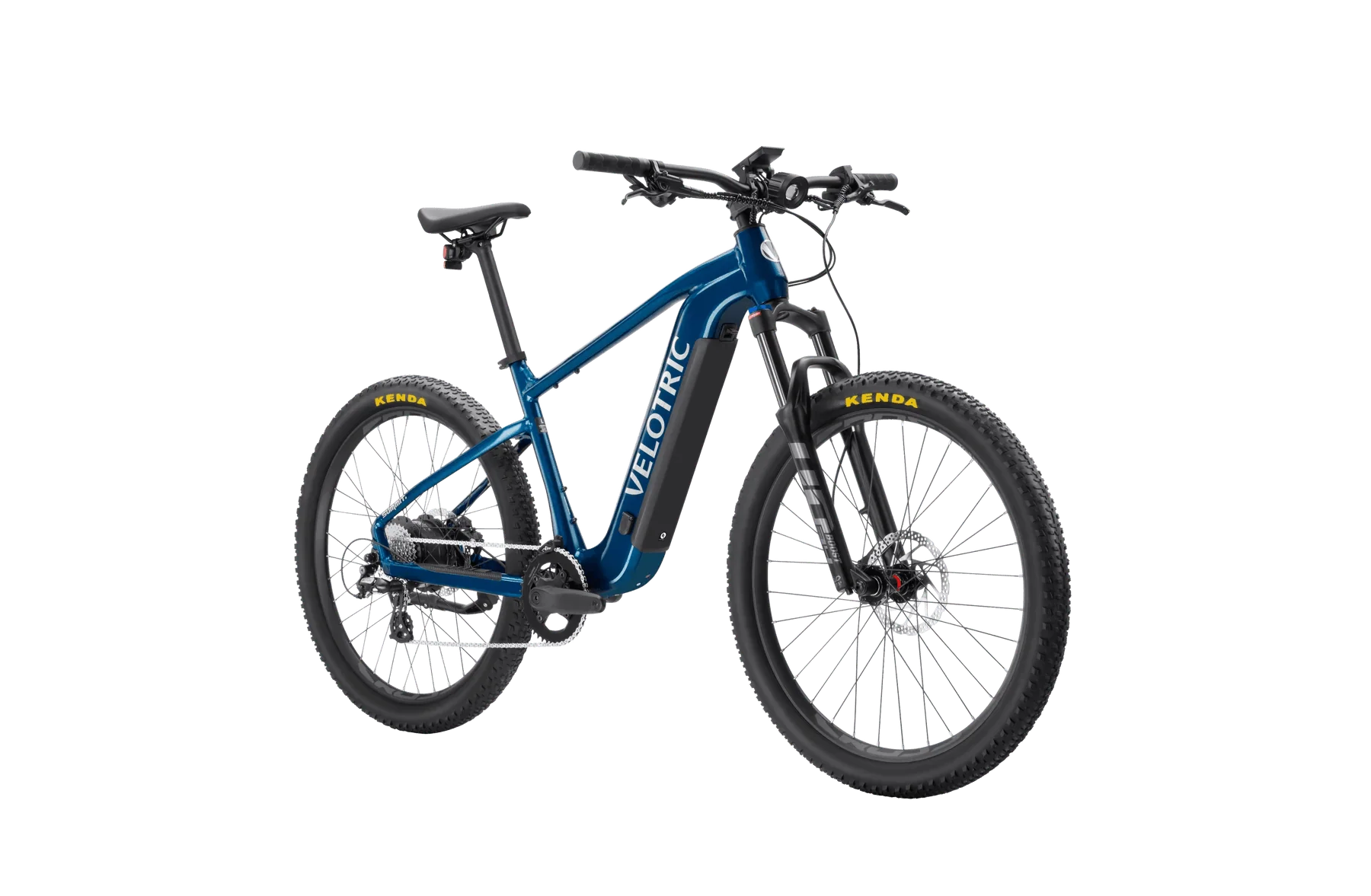 A black Velotric Summit 1 electric mountain bike with front suspension, thick all-terrain tires, and a sturdy frame, displayed on a white background.