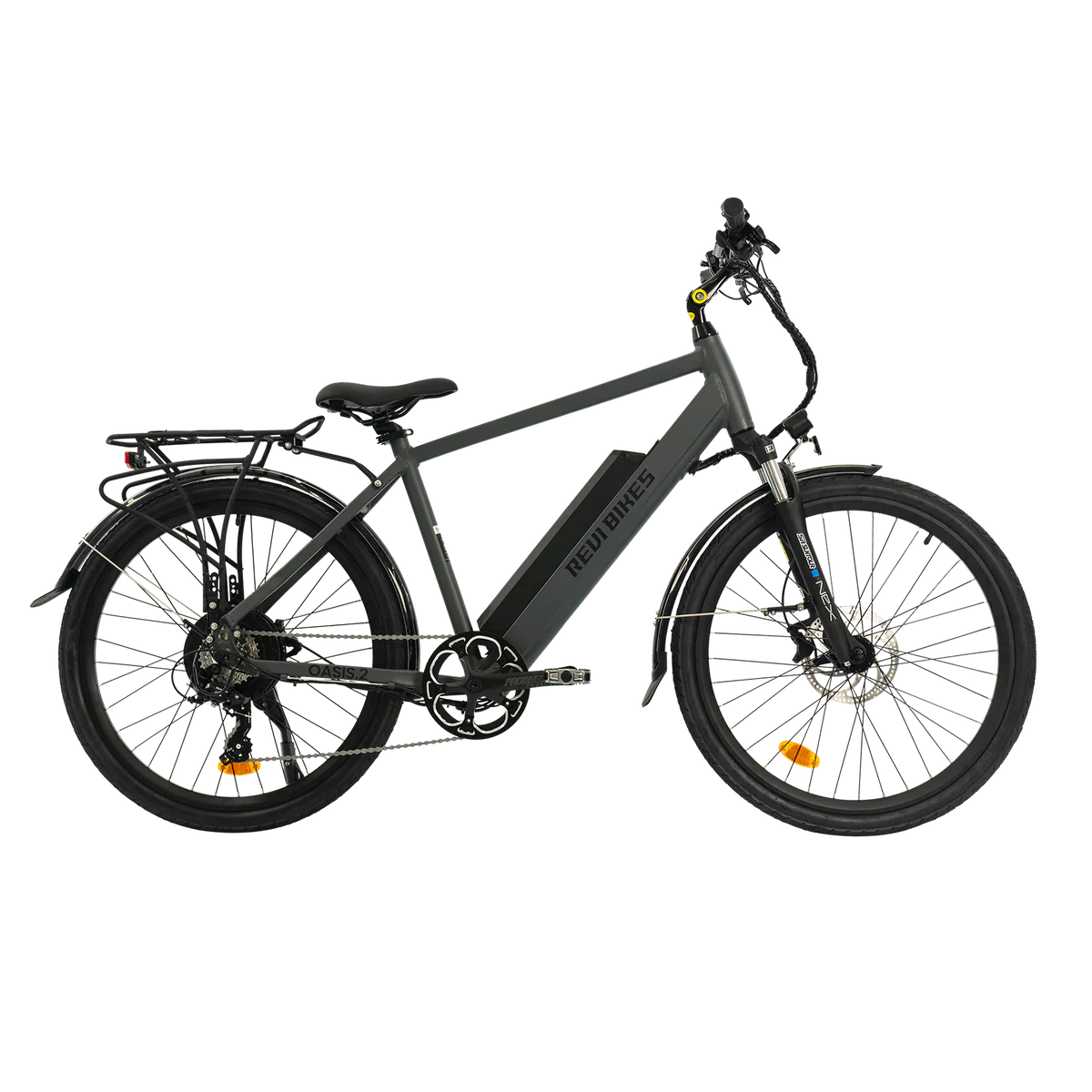 Antracit-colored eBike Revi Oasis.2 electric bicycle, side view, against a plain background