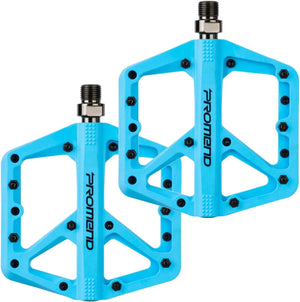 Blue nylon bicycle pedal with a silver axle, photographed on a plain background.