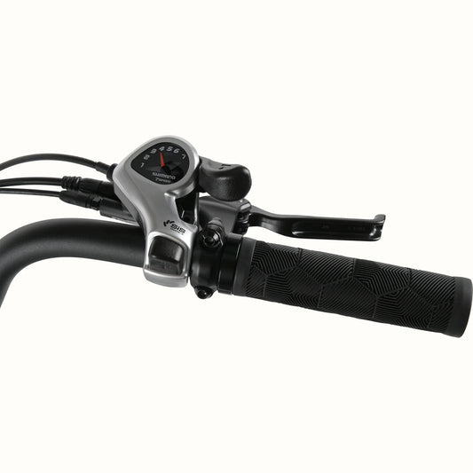 A Retrospec Beaumont Rev 3 Plus electric bike in a side view, showcasing its step-through frame, rear rack, and battery integrated into the rear carrier, set against a plain background.