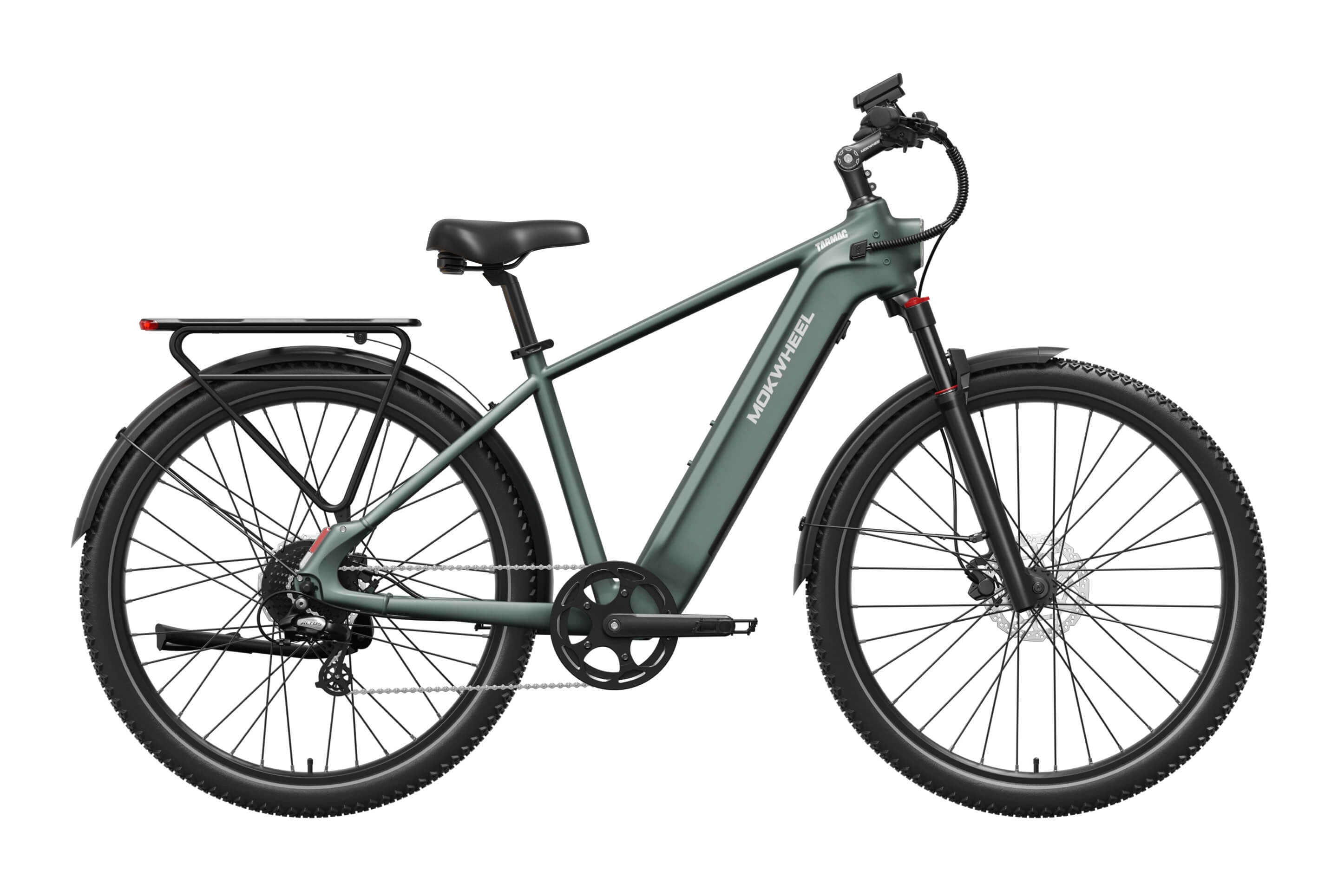 Mokwheel Tarmac eBike in Pine Green, side view, showcasing frame design and tires